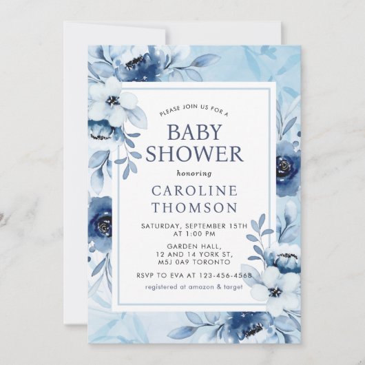 青いエレガント花その男の子のシャワー 招待状 (正面)