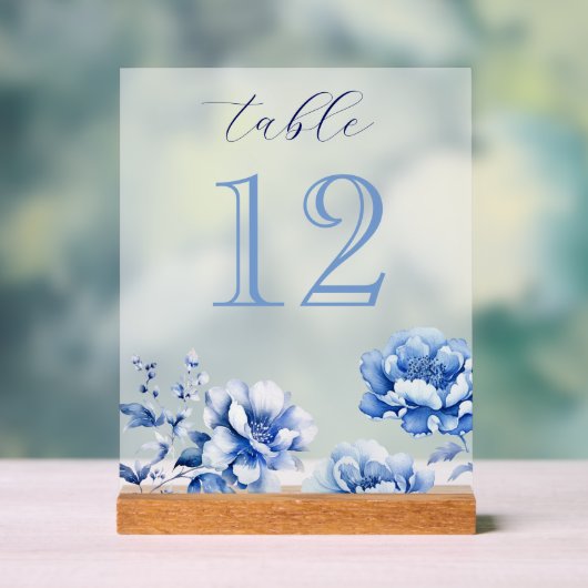 青いエレガント花のテーブル番号 アクリルサイン (ニュートラル)