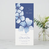 青いエレガント花の日付を保存 招待状 (スタンド正面)