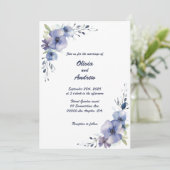 青いエレガント花：結婚式招待状 招待状 (スタンド正面)