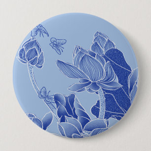 青いエレガント花Chinoiserie Lotus Mandala 缶バッジ