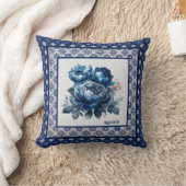 青いエレガント花chinoiserie toile monogram クッション (ブランケット)