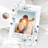 青いエレガント葉PHOTOウェディング日付を保存 セーブザデート