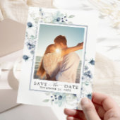 青いエレガント葉PHOTOウェディング日付を保存 セーブザデート