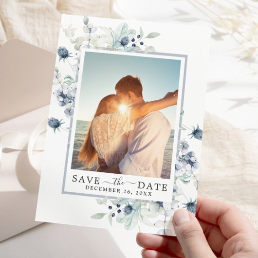 青いエレガント葉PHOTOウェディング日付を保存 セーブザデート