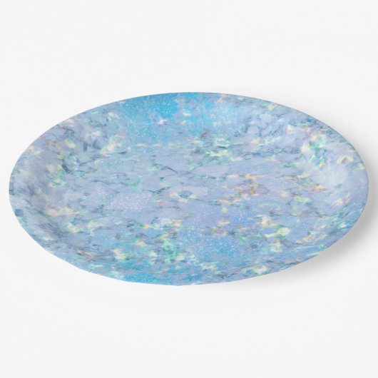 青いエレガント虹のホログラフィックマーブルアイス ペーパープレート (アングル)