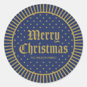 青いエレガント装飾幾何学的メリークリスマス ラウンドシール (正面)