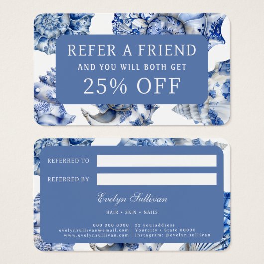 青いエレガント貝殻の紹介カード (正面&裏面)