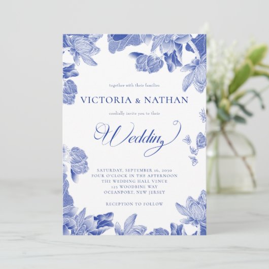 青いエレガントChinoiserieフローラ写真結婚の 招待状 (スタンド正面)