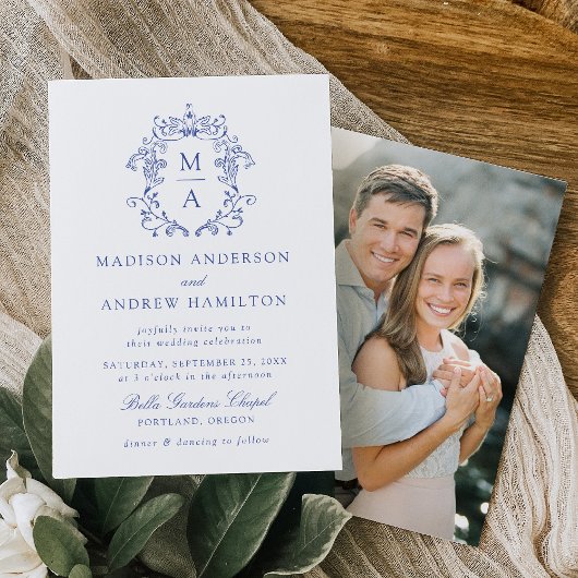 青いエレガントChinoiserieフローラ写真結婚の 招待状