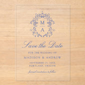 青いエレガントChinoiserie結婚式の日付を保存 アクリル招待状 (正面)