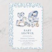 青いエレガントChinoisery男の子の赤ちゃんシャワー 招待状 (正面/裏面)