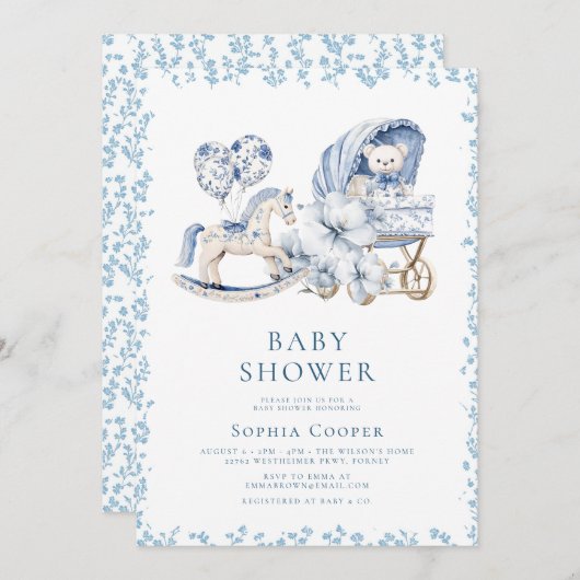 青いエレガントChinoisery男の子の赤ちゃんシャワー 招待状 (正面/裏面)