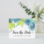 青いエーテルの花の結婚式の日付を保存 ポストカード (スタンド正面)