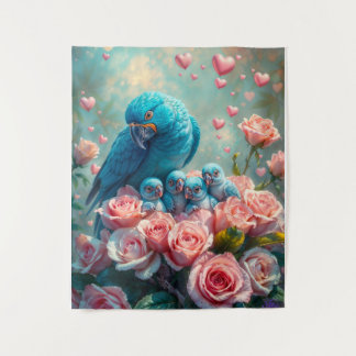 青いオウムとベビー タペストリー