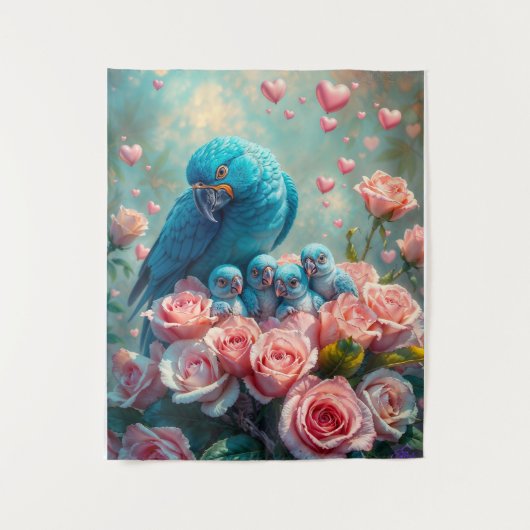 青いオウムとベビー タペストリー (正面)