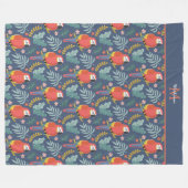 青いオウムの陸熱帯パターンモノグラム フリースブランケット (正面(横))