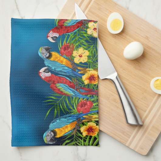 青いオウムの鳥の熱帯性の家族名 キッチンタオル (四つ折り)