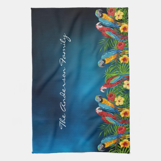 青いオウムの鳥の熱帯性の家族名 キッチンタオル (縦)