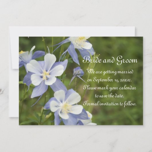 青いオダマキ（植物）花の結婚式の日付を保存 招待状 (正面)