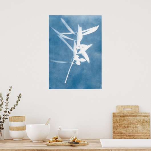 青いオリーブの木立のクラシックキッチン シアノタイプ写真 ポスター (キッチン)