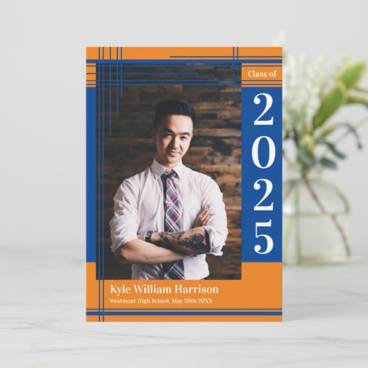 青いオレンジの学校のカラー卒業写真 招待状 (スタンド正面)