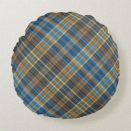 青いオレンジ格子縞 ラウンドクッション