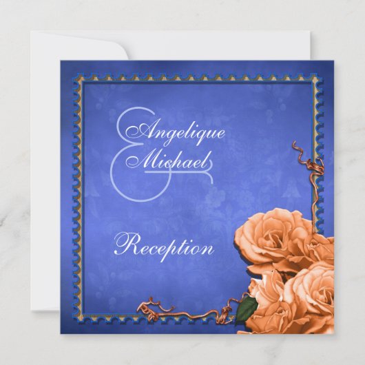 青いオレンジ結婚式のヴィンテージの披露宴 招待状 (正面)