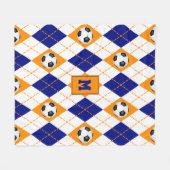 青いオレンジ色のサッカーチームの色アーガイル模様 フリースブランケット (正面(横))