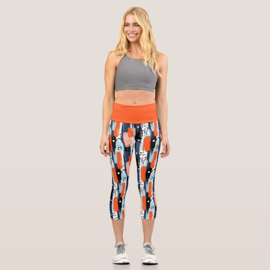 青いオレンジ色のブラシストローク抽象芸術パターン カプリレギンス (正面)