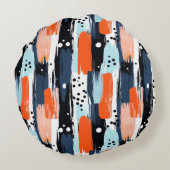 青いオレンジ色のブラシストローク抽象芸術パターン ラウンドクッション (裏面)