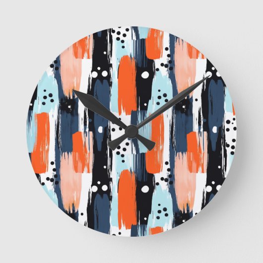 青いオレンジ色のブラシストローク抽象芸術パターン ラウンド壁時計 (正面)