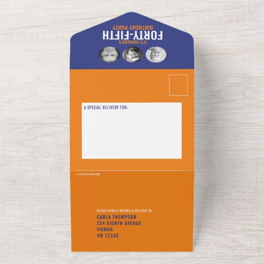 青いオレンジ色の写真の円45番目の誕生日 オールインワン招待状 (外側)