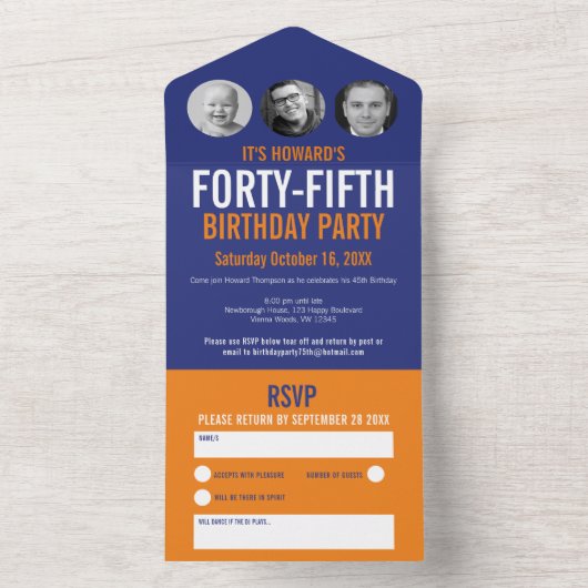 青いオレンジ色の写真の円45番目の誕生日 オールインワン招待状 (内側)