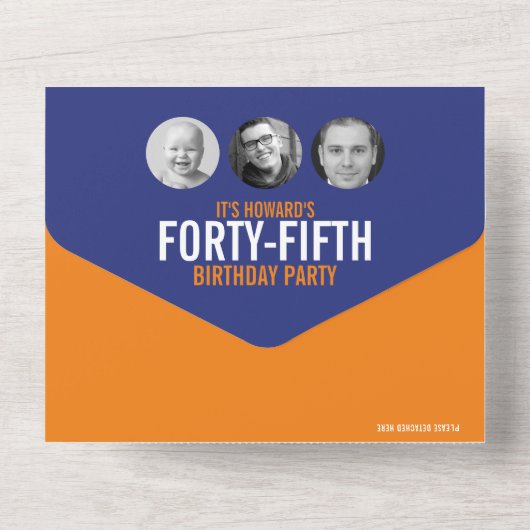 青いオレンジ色の写真の円45番目の誕生日 オールインワン招待状 (裏面)