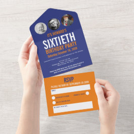 青いオレンジ色の写真丸60番目の誕生日 オールインワン招待状