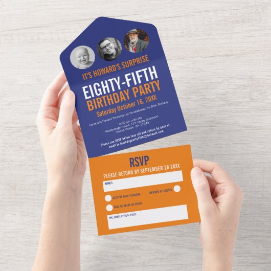 青いオレンジ色の写真丸85番目の誕生日 オールインワン招待状 (貼ってはがせる)