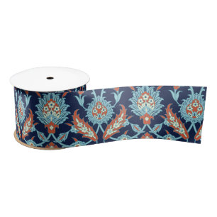 青いオレンジ色の白いトルコの東洋花柄 サテンリボン