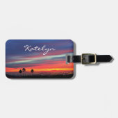 青いオレンジ色の雲のサンセット写真名前をカスタムするスクリプト ラゲッジタグ (正面横)