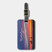 青いオレンジ色の雲のサンセット写真名前をカスタムするスクリプト ラゲッジタグ (正面縦)