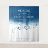 青いオンブル水彩ウェーブ結婚式 タペストリー (正面)