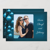 青いオーナメント縦写真の個人メッセージ シーズンカード (正面/裏面)