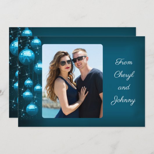 青いオーナメント縦写真の個人メッセージ シーズンカード (正面/裏面)