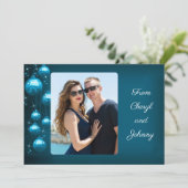 青いオーナメント縦写真の個人メッセージ シーズンカード (スタンド正面)