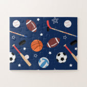 青いオーバーサイズのキッズスポーツ機器パターン ジグソーパズル (横)