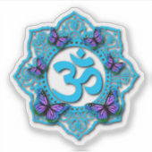 青いオームのマンダラデザインと紫の蝶 シール (正面)