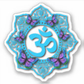 青いオームのマンダラデザインと紫の蝶 シール (正面)