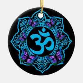 青いオームのマンダラデザインと紫の蝶 セラミックオーナメント