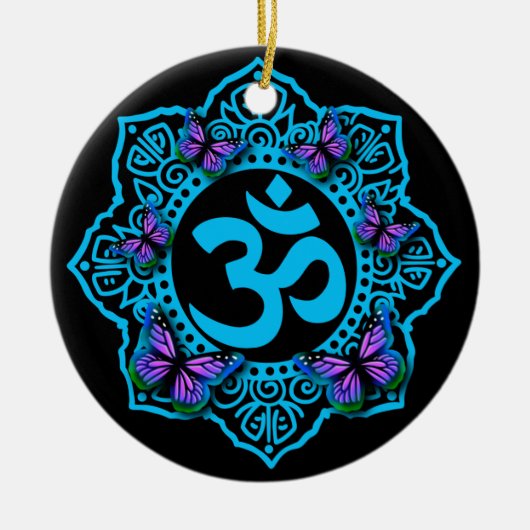 青いオームのマンダラデザインと紫の蝶 セラミックオーナメント (正面)