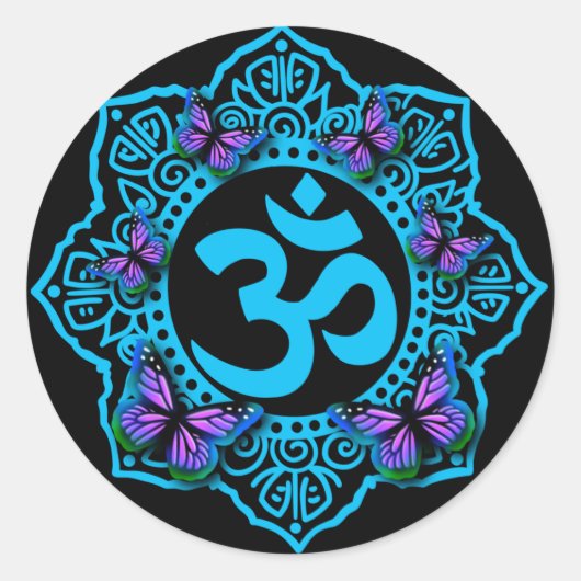 青いオームのマンダラデザインと紫の蝶 ラウンドシール (正面)